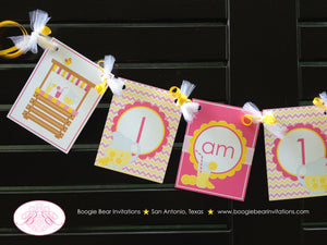 Pink Lemonade I am 1 Banner Highchair Birthday Party Yellow Sweet Lemon Drink Stand Chevron High Chair Boogie Bear Invitations Janine Theme