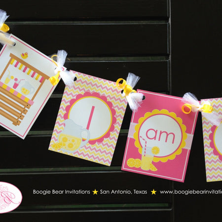 Pink Lemonade I am 1 Banner Highchair Birthday Party Yellow Sweet Lemon Drink Stand Chevron High Chair Boogie Bear Invitations Janine Theme