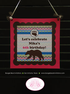Pink Grizzly Bear Door Banner Birthday Party Paw Print Blue Green Brown Girl Great Outdoors Hike Kodiak Boogie Bear Invitations Nika Theme
