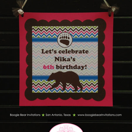 Pink Grizzly Bear Door Banner Birthday Party Paw Print Blue Green Brown Girl Great Outdoors Hike Kodiak Boogie Bear Invitations Nika Theme