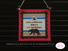 Load image into Gallery viewer, Pink Grizzly Bear Door Banner Birthday Party Paw Print Blue Green Brown Girl Great Outdoors Hike Kodiak Boogie Bear Invitations Nika Theme