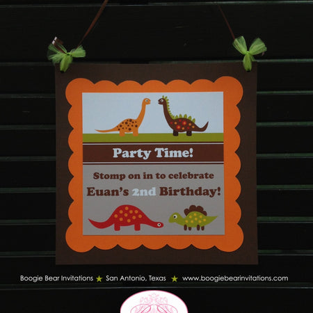 Dinosaur Birthday Party Door Banner Boy Girl Red Green Brown Stripe Happy Retro Dino Stomp Little Orange Boogie Bear Invitations Euan Theme