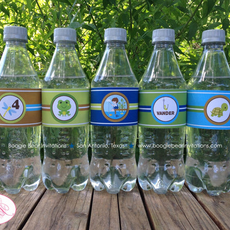 Fishing Boy Birthday Party Bottle Wraps Label Cover Wrapper Green Brown Blue Summer Swimming Swim Fish Boogie Bear Invitations Vander Theme