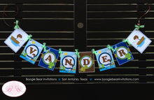 Load image into Gallery viewer, Fishing Boy Name Birthday Party Banner Lake Blue Brown Boating Dock Pole Frog 1st 2nd 3rd 4th 5th 6th Boogie Bear Invitations Vander Theme
