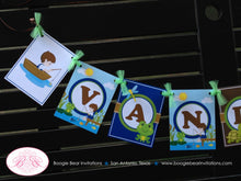 Load image into Gallery viewer, Fishing Boy Name Birthday Party Banner Lake Blue Brown Boating Dock Pole Frog 1st 2nd 3rd 4th 5th 6th Boogie Bear Invitations Vander Theme
