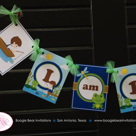 Fishing Boy Highchair I am 1 Banner Birthday Party Lake Blue Frog Turtle Green Boating Ocean River Lake Boogie Bear Invitations Vander Theme