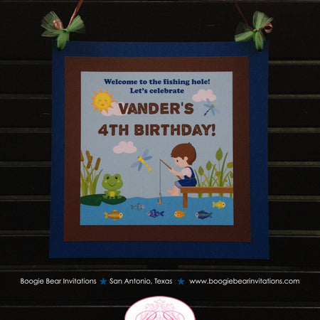 Fishing Boy Birthday Party Door Banner Blue Green Boating Dock Frog Dragonfly Pole Lake Hole River Fish Boogie Bear Invitations Vander Theme