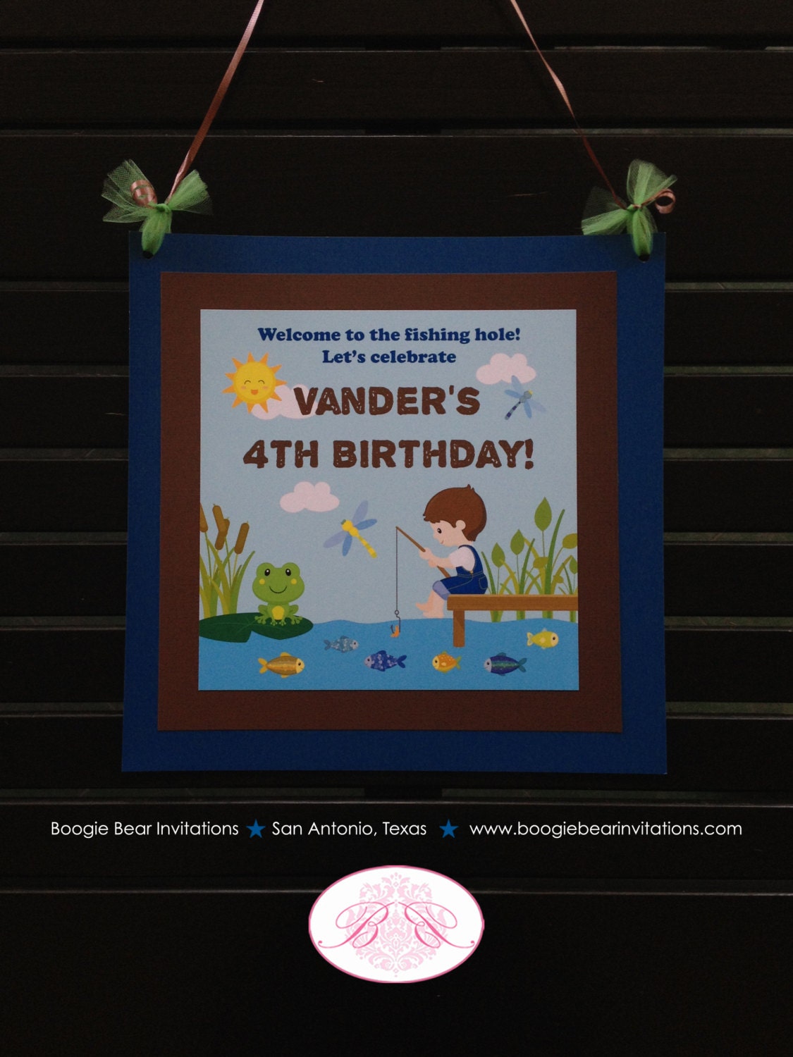 Fishing Boy Birthday Party Door Banner Blue Green Boating Dock Frog Dragonfly Pole Lake Hole River Fish Boogie Bear Invitations Vander Theme
