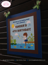 Load image into Gallery viewer, Fishing Boy Birthday Party Door Banner Blue Green Boating Dock Frog Dragonfly Pole Lake Hole River Fish Boogie Bear Invitations Vander Theme