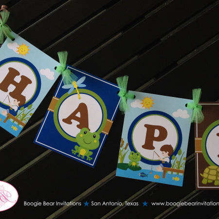 Fishing Boy Happy Birthday Party Banner Lake Blue Green Boating Dock Dragonfly Fish Ocean River Lake Boogie Bear Invitations Vander Theme