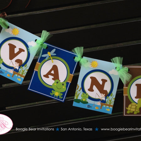Fishing Boy Birthday Party Banner Name Age Small Blue Green Frog Turtle Pole Fish Swimming Pool Swim Boogie Bear Invitations Vander Theme