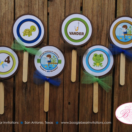 Fishing Boy Birthday Party Cupcake Toppers Green Blue Dock Frog Dragonfly River Turtle Fish Hole Fishes Boogie Bear Invitations Vander Theme