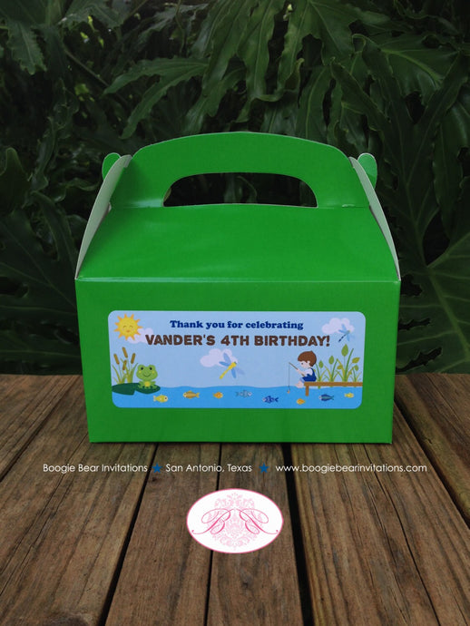 Fishing Boy Birthday Party Treat Boxes Favor Tags Green Dock Lake Ocean River Pole Fish Dragonfly Frog Boogie Bear Invitations Vander Theme