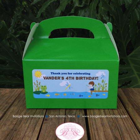 Fishing Boy Birthday Party Treat Boxes Favor Tags Green Dock Lake Ocean River Pole Fish Dragonfly Frog Boogie Bear Invitations Vander Theme
