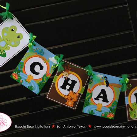Rainforest Birthday Party Name Banner Amazon Tropical Jungle Boy Girl Tiger Leaf Rain Forest Reptile Boogie Bear Invitations Chandler Theme
