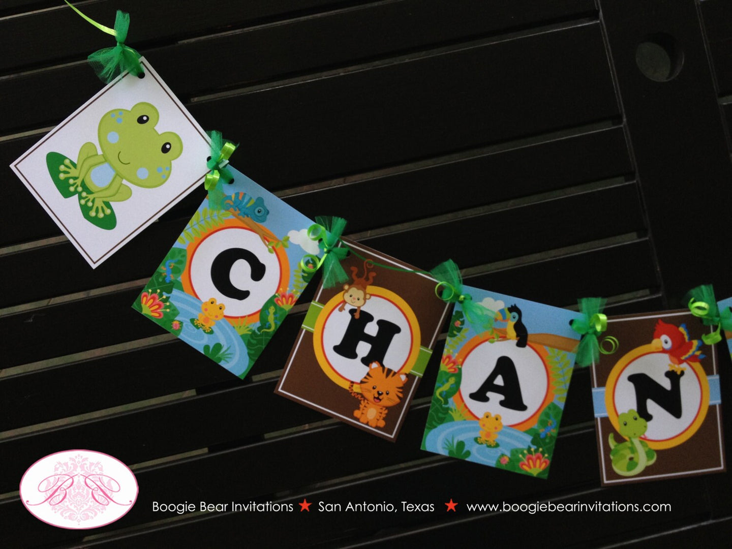 Rainforest Birthday Party Name Banner Amazon Tropical Jungle Boy Girl Tiger Leaf Rain Forest Reptile Boogie Bear Invitations Chandler Theme