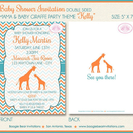 Orange Teal Giraffe Baby Shower Invitation Boy Girl Party Chevron Aqua Blue Boogie Bear Invitations Kelly Theme Paperless Printable Printed