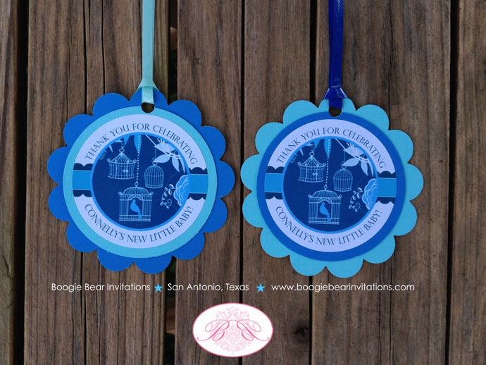 Blue Bird Baby Shower Favor Tags Flower Garden Boy Toppers Bag Birdcage Scallop Birthday Party 1st Boogie Bear Invitations Connelly Theme