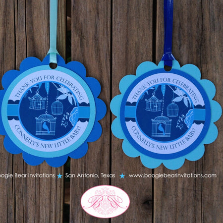 Blue Bird Baby Shower Favor Tags Flower Garden Boy Toppers Bag Birdcage Scallop Birthday Party 1st Boogie Bear Invitations Connelly Theme