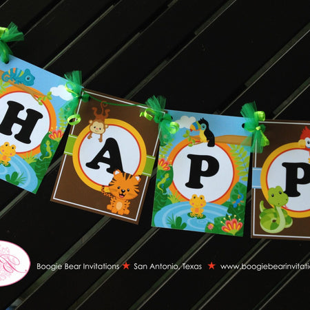 Rainforest Birthday Party Banner Happy Rain Forest Amazon Jungle Zoo Reptile Frog Snake Gecko Wild Boogie Bear Invitations Chandler Theme
