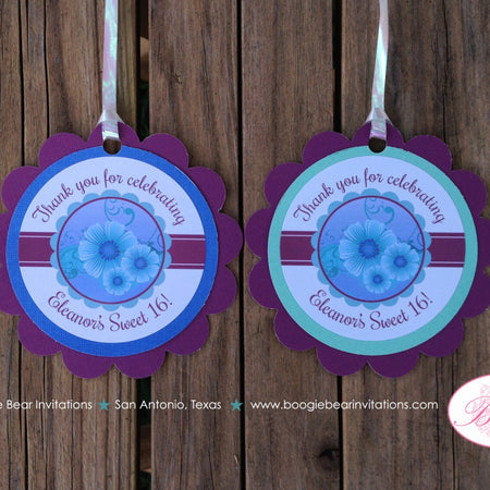 Sweet 16 Birthday Party Favor Tags Flower Purple Garden Blue Flowers Green Floral Formal Dinner Dance Boogie Bear Invitations Eleanor Theme