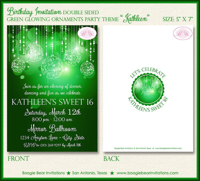 Green Glowing Ornaments Birthday Party Invitation Girl Winter Christmas Boogie Bear Invitations Kathleen Theme Paperless Printable Printed