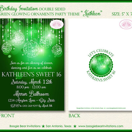 Green Glowing Ornaments Birthday Party Invitation Girl Winter Christmas Boogie Bear Invitations Kathleen Theme Paperless Printable Printed