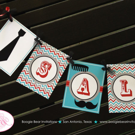 Mustache Birthday Party Banner Name Bash Chevron Boy Red Blue Black Little Man Retro Bow Neck Tie Hat Boogie Bear Invitations Salvador Theme