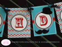 Load image into Gallery viewer, Mustache Happy Birthday Party Banner Bash Boy Red Blue Chevron Stripe Comb Little Man Bowler Top Hat Boogie Bear Invitations Salvador Theme