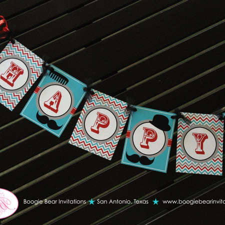Mustache Happy Birthday Party Banner Bash Boy Red Blue Chevron Stripe Comb Little Man Bowler Top Hat Boogie Bear Invitations Salvador Theme