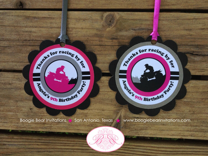 ATV Birthday Party Favor Tags 4 Wheeler Racing Quad Black Pink Grey Girl All Terrain Vehicle Race Track Boogie Bear Invitations Angela Theme