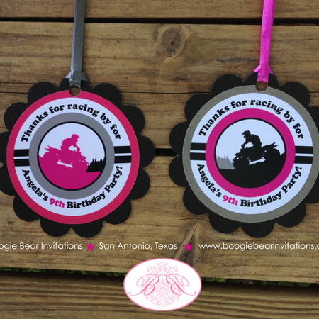 ATV Birthday Party Favor Tags 4 Wheeler Racing Quad Black Pink Grey Girl All Terrain Vehicle Race Track Boogie Bear Invitations Angela Theme