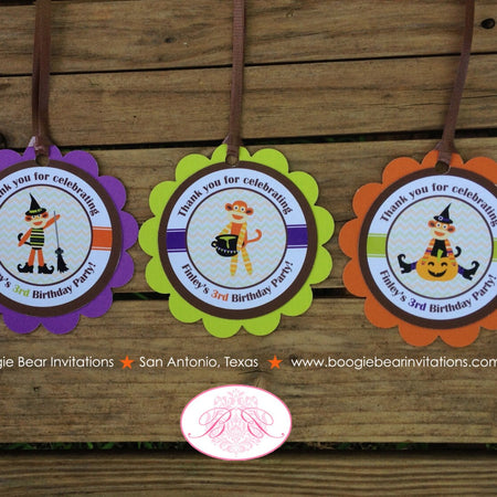 Sock Monkey Halloween Party Favor Tags Birthday Boy Girl Circle Chevron Fall Pumpkin Harvest Autumn Boogie Bear Invitations Finley Theme