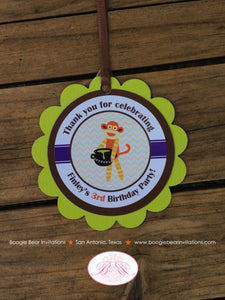 Sock Monkey Halloween Party Favor Tags Birthday Boy Girl Circle Chevron Fall Pumpkin Harvest Autumn Boogie Bear Invitations Finley Theme