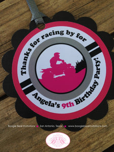 ATV Birthday Party Favor Tags 4 Wheeler Racing Quad Black Pink Grey Girl All Terrain Vehicle Race Track Boogie Bear Invitations Angela Theme