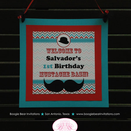 Mustache Birthday Party Door Banner Bash Boy Happy Chevron Retro Modern Red Blue Black Little Man Boogie Bear Invitations Salvador Theme
