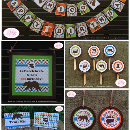 Grizzly Bear Birthday Party Package Woodland Animals Boy Girl Blue Chevron Happy Retro Camping Hiking Kid Boogie Bear Invitations Nico Theme