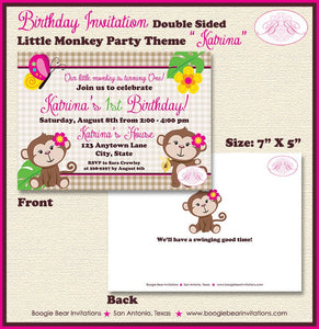 Pink Monkey Birthday Party Invitation Girl Jungle Little Flower Wild Zoo Animals Swing Boogie Bear Katrina Theme Paperless Printable Printed
