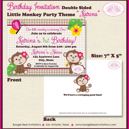 Pink Monkey Birthday Party Invitation Girl Jungle Little Flower Wild Zoo Animals Swing Boogie Bear Katrina Theme Paperless Printable Printed
