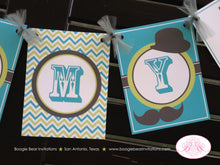 Load image into Gallery viewer, Mustache Bash Baby Shower Name Banner Ribbon Chevron Boy Lime Green Silver Blue Grey Hip Retro 1st 2nd Boogie Bear Invitations Remy Theme