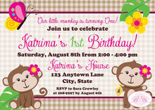 Load image into Gallery viewer, Pink Monkey Birthday Party Invitation Girl Jungle Little Flower Wild Zoo Animals Swing Boogie Bear Katrina Theme Paperless Printable Printed