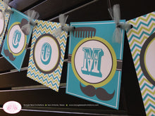 Load image into Gallery viewer, Mustache Bash Welcome Baby Shower Banner Boy Party Lime Green Blue Grey Ribbon Chevron Retro 1st 2nd 3rd Boogie Bear Invitations Remy Theme