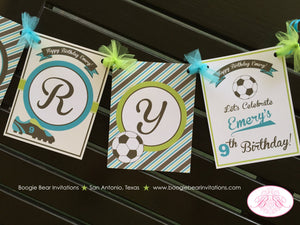 Retro Soccer Birthday Name Party Banner Green Blue Brown Goal Net Team Winner Ball Net Pro Kick Girl Boy Boogie Bear Invitations Emery Theme