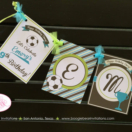 Retro Soccer Birthday Name Party Banner Green Blue Brown Goal Net Team Winner Ball Net Pro Kick Girl Boy Boogie Bear Invitations Emery Theme