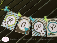 Load image into Gallery viewer, Retro Soccer Happy Birthday Banner Party Goal Green Aqua Turquoise Teal Blue Lime Green Girl Boy Sports Boogie Bear Invitations Emery Theme