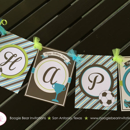 Retro Soccer Happy Birthday Banner Party Goal Green Aqua Turquoise Teal Blue Lime Green Girl Boy Sports Boogie Bear Invitations Emery Theme