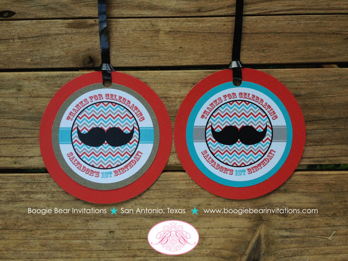 Mustache Birthday Party Favor Tags Gift Bag Bash Boy Happy Chevron Red Blue Black Grey Retro Vintage Boogie Bear Invitations Salvador Theme