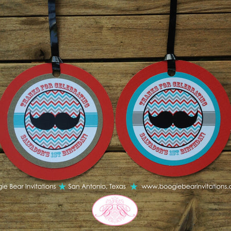 Mustache Birthday Party Favor Tags Gift Bag Bash Boy Happy Chevron Red Blue Black Grey Retro Vintage Boogie Bear Invitations Salvador Theme