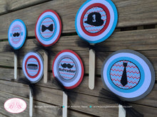 Load image into Gallery viewer, Mustache Birthday Party Cupcake Toppers Red Blue Boy Little Man Chevron Bow Tie Comb Bowler Top Hat Boogie Bear Invitations Salvador Theme