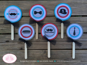 Mustache Birthday Party Cupcake Toppers Red Blue Boy Little Man Chevron Bow Tie Comb Bowler Top Hat Boogie Bear Invitations Salvador Theme
